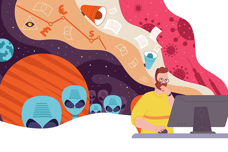 Man on computer with space and other ideas behind him