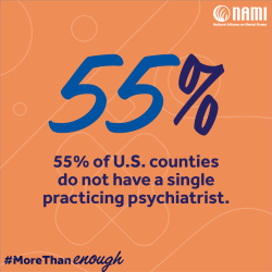 55%25 of U.S. counties do not have a single practicing psychiatrist.